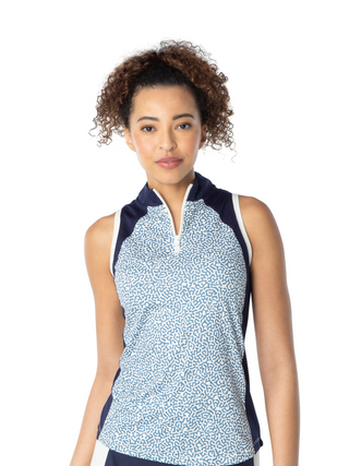 women's sleeveless dusty blue fairway mockneck polo for golf in sizes xs-xxl