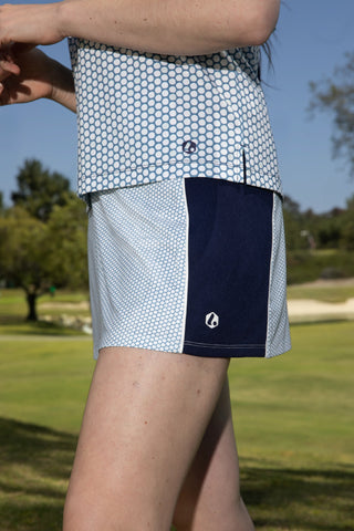 women's skort in dusty blue golf ball dot print for golf in sizes xs-xxl