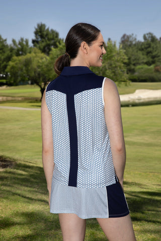 women's vneck polo for golf in dusty blue golf ball dot print in sizes xs-xxl