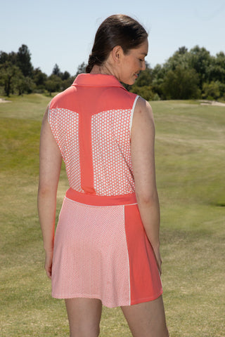 women's vneck polo for golf in coral golf ball dot print in sizes xs-xxl