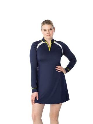 women’s long sleeve athletic dress in navy for golf