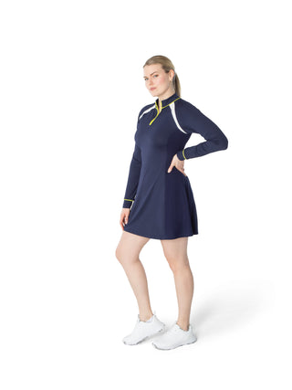 women’s long sleeve athletic dress in navy for golf