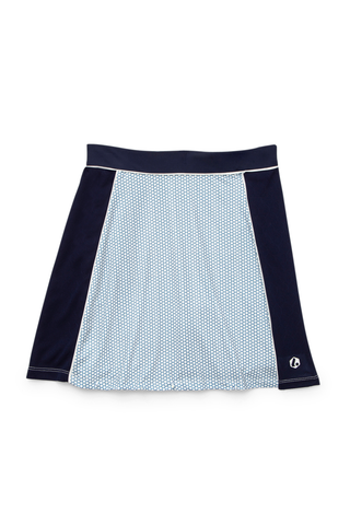 women's skort in dusty blue golf ball dot print for golf in sizes xs-xxl