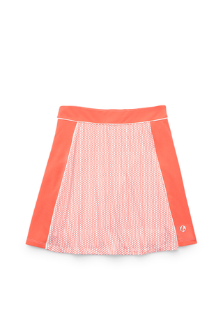 women's skort in coral golf ball dot print for golf in sizes xs-xxl