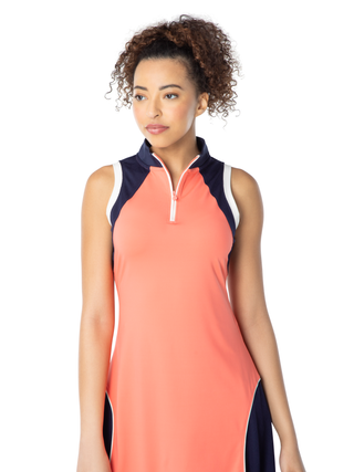 women's sleeveless coral mockneck dress for golf in sizes xs-xxl
